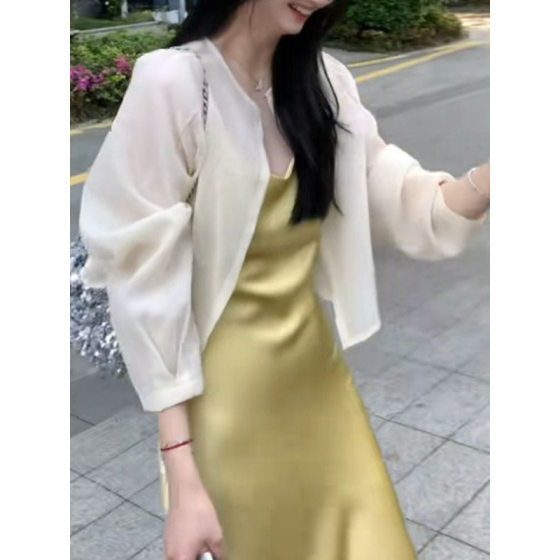French Tencel Sunscreen Shirt Women's Summer Tulle Cardigan Small Waistle Top with Sling Skirt Outer Shawl Blouse