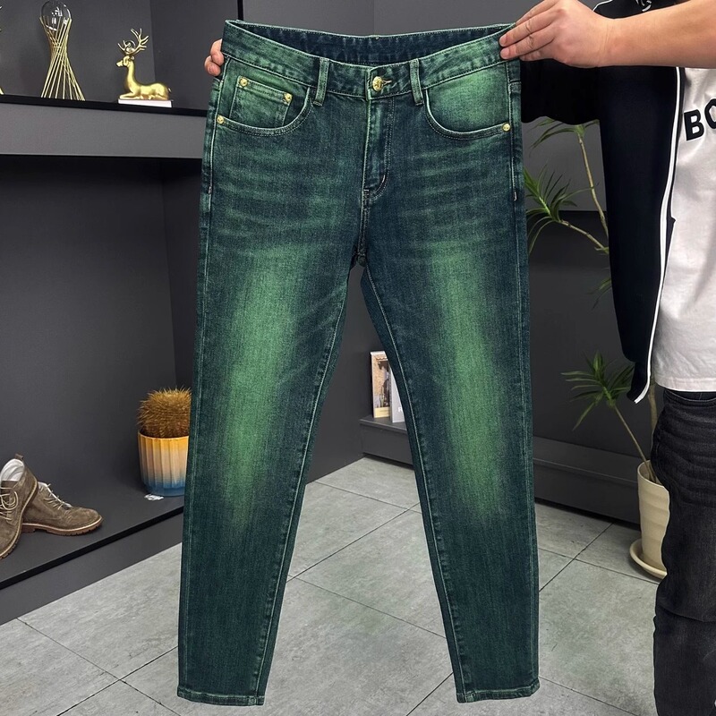 Green Water Ghost High-End Men's New Slim Jeans Men's Nine-Point Pants Green Trendy Brand Fashion Slim Pants