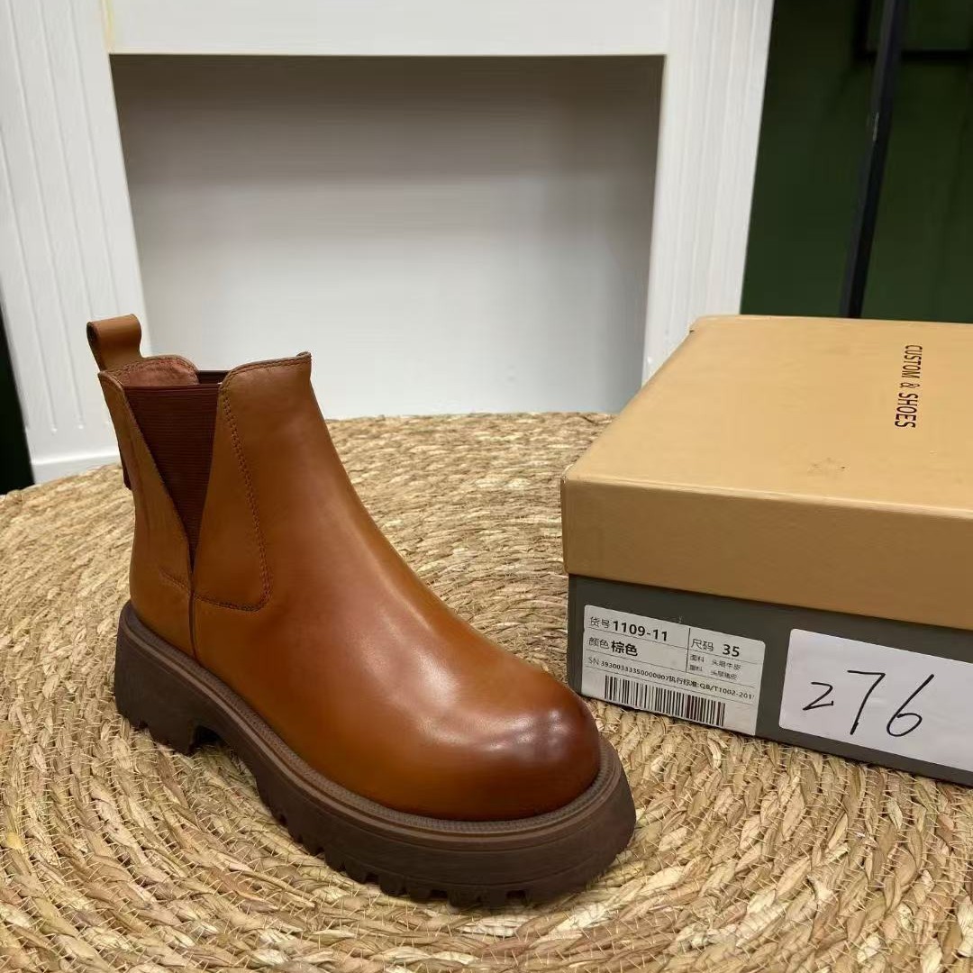 部分微瑕~工厂清仓真皮新款厚底短筒靴英伦风小皮鞋百搭乐福鞋女