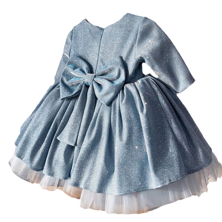 Peacock Blue Bow & Sequin Princess Dress For Girls – A-Class Satin Flower Girl Gown For Piano Recitals & Hosting Events (80-160cm)_voghion.com