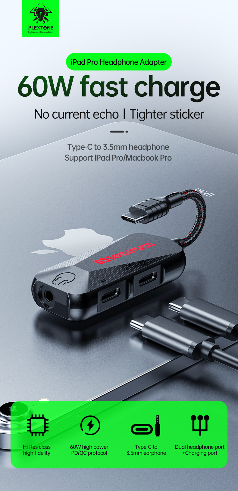 PLEXTONE Puxue GS1 USB-C Konverter Type-C Schnellladung 60W 3-in-1 Gaming Sound Card