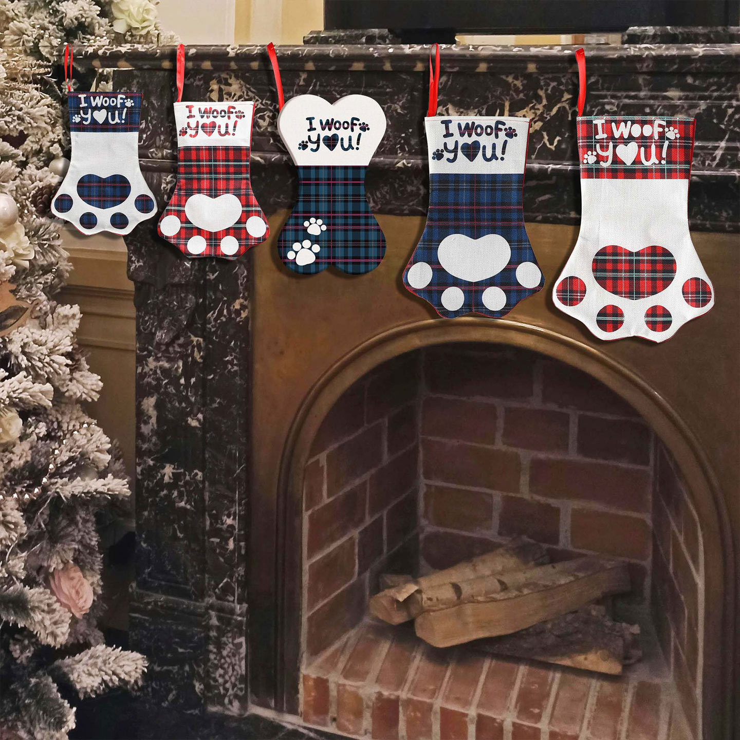 Cozy Plaid Christmas Stockings For Pets – Rustic Burlap Dog & Cat Fireplace Decor (6 Styles: Paw Print, Bone & Holiday Letters)_voghion.com