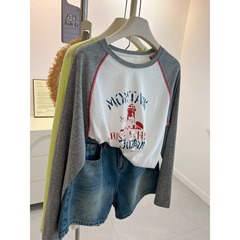 アメリカンレトロなダメージレタープリントラウンドネックラグランスリーブ長袖Tシャツレディースゆったり怠惰な薄い日焼け止めシャツ夏