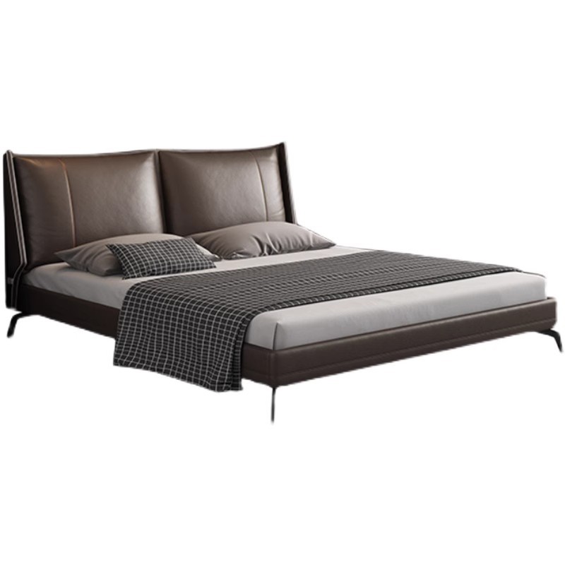Cama de cuero minimalista italiana, cama de cuero real, dormitorio principal moderno y minimalista, lujo nórdico, cama doble de 1.8m de paquete blando.