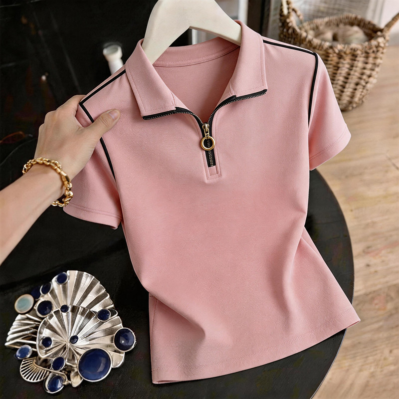 Half-Zip Lapel Short-Sleeved T-Shirt for Women Summer 2026 New Style Mom Polo Shirt Elegant Half-Sleeved T-Shirt Top t