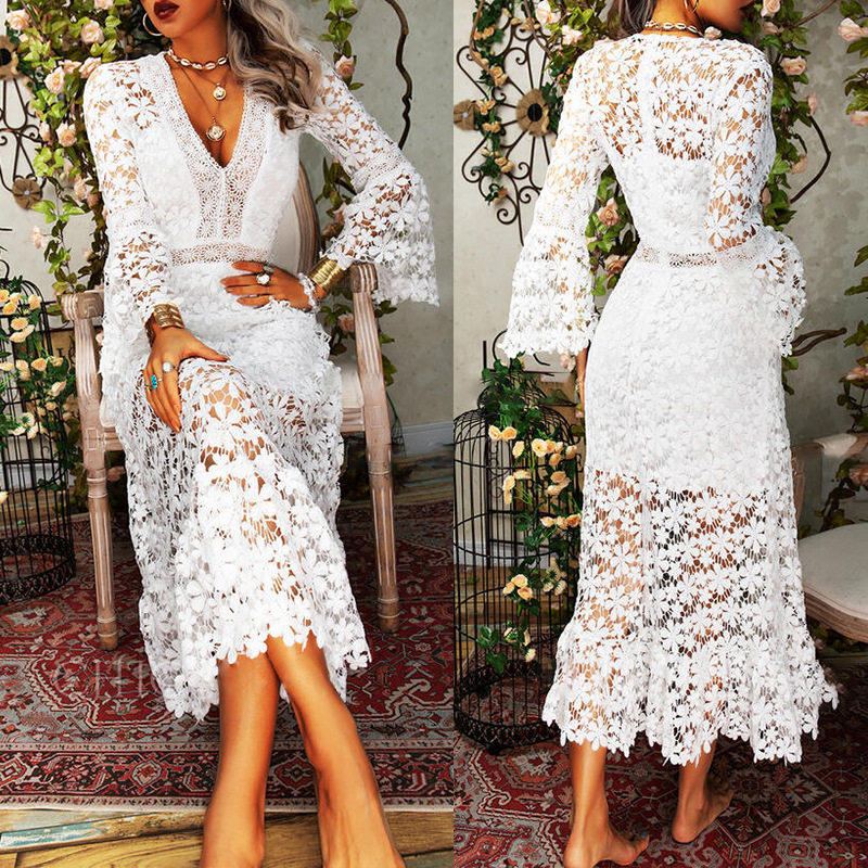 lace long-sleeved V-neck dress nihaostyles clothing wholesale NSZH80673