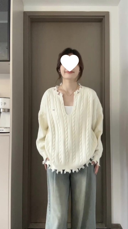 韩系chic设计感麻花套头针织毛衣女秋冬宽松慵懒风高级感U领上衣|undefined