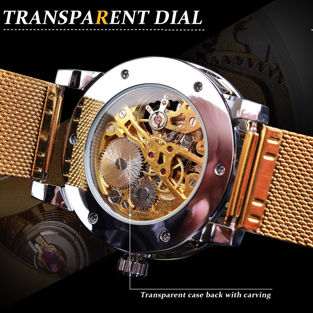 Men's Skeleton Mechanical Watch With Rhinestone Mesh Strap_voghion.com