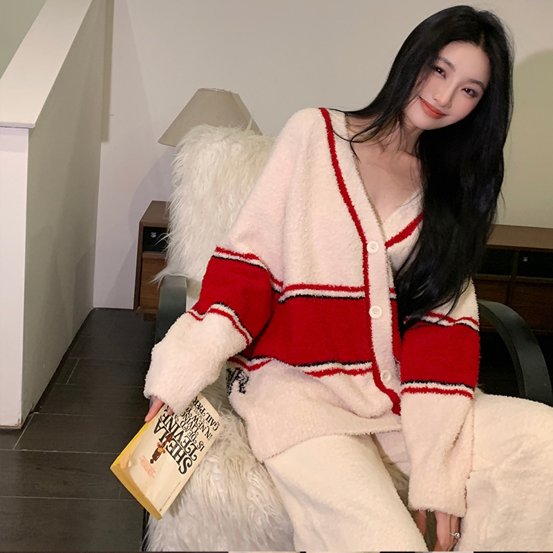 韩版V领撞色开衫半边绒睡衣女冬天慵懒风红色显白加厚保暖家居服|undefined