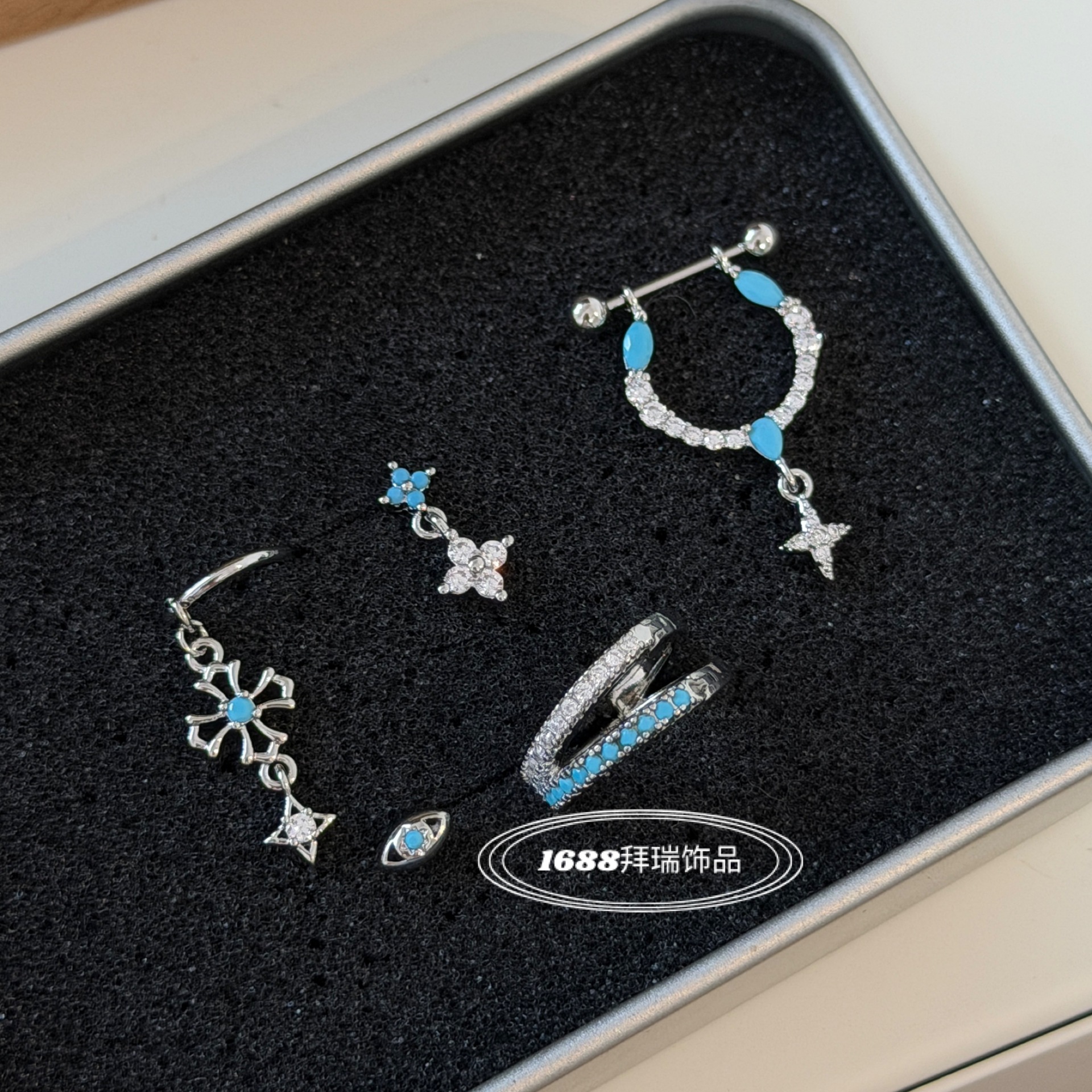 High-end turquoise series four-leaf clover star stacked titanium steel ear cuffs with unique design, straight pin ear clips and hoops for women