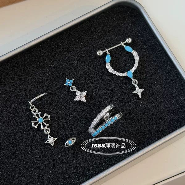 High-end turquoise series four-leaf clover star stacked titanium steel ear cuffs with unique design, straight pin ear clips and hoops for women