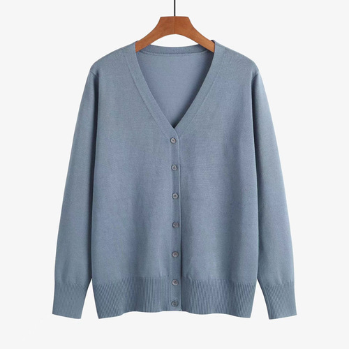 Spring new V-neck wool knitted cardigan for women, loose, simple and versatile long-sleeved button top jacket