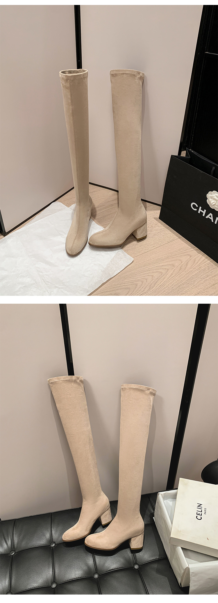 Boot nữ cổ cao ôm bắp chân mũi tròn gót vuông đế dày da lộn — Lớp lót đơn trên đầu gối màu kaki chi tiết 23
