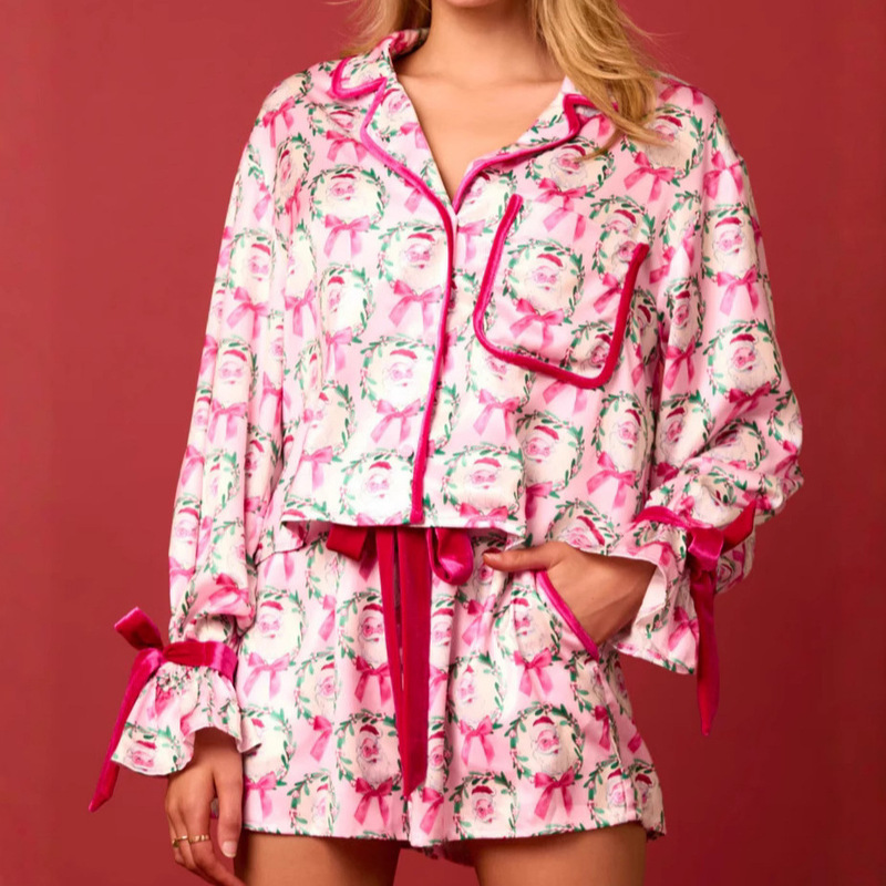 Amazon Foreign Trade New European and American Cross-Border Women's Clothing Autumn and Winter Christmas Velvet Lace-Up Short-Sleeved Suit Home Wear