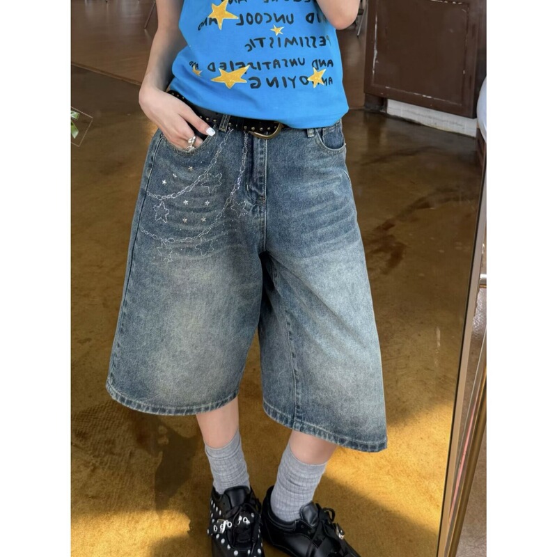 Retro street style bamboo-joint hip-hop design denim shorts for women, summer washed star print with rhinestones, trendy cropped pants