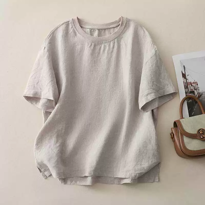 Ретро футболка с коротким рукавом, хлопок и лен, стиль leisure, размеры M–2XL
