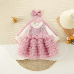 春季新款童装女童连衣裙    洋气儿童公主蓬蓬裙带头纱生日礼服裙