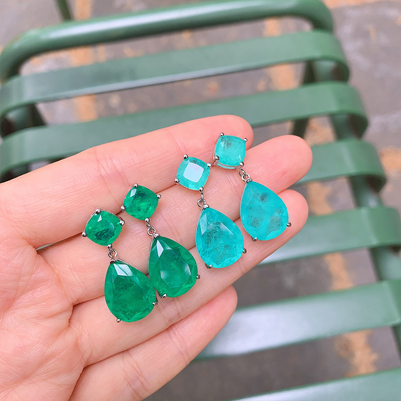 Amazon Simulation Emerald Earrings Female Internet Celebrity Simple Paraíba Blue Ear Drop Simulation Jewelry Wholesale