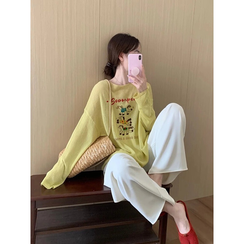 Korean-Style Yellow Printed Sun-Protective Ice Silk Long-Sleeve T-Shirt for Women, Summer Design with a Unique Niche Style, Thin Outerwear Blouse Top