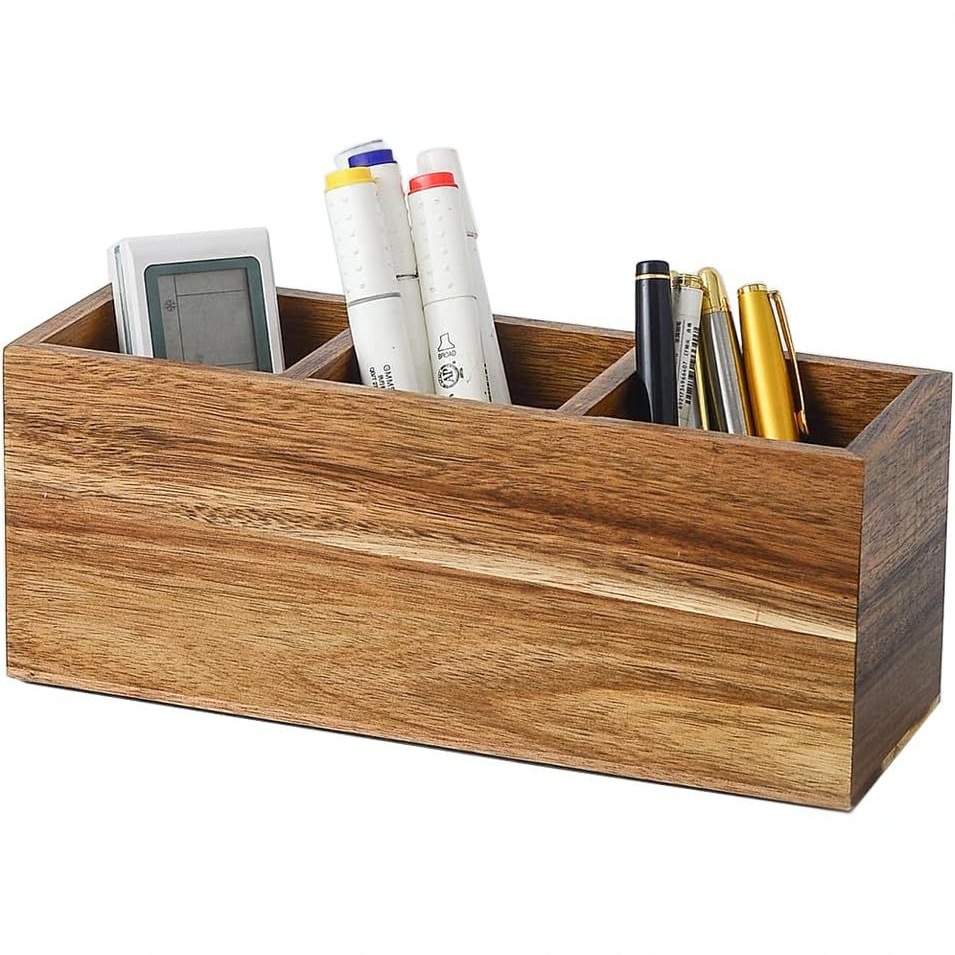 Acacia Wood Four-Compartment Storage Box, Wooden Pen Holder, Simple Retro Home Daily Use Remote Control Office Desk Storage Box