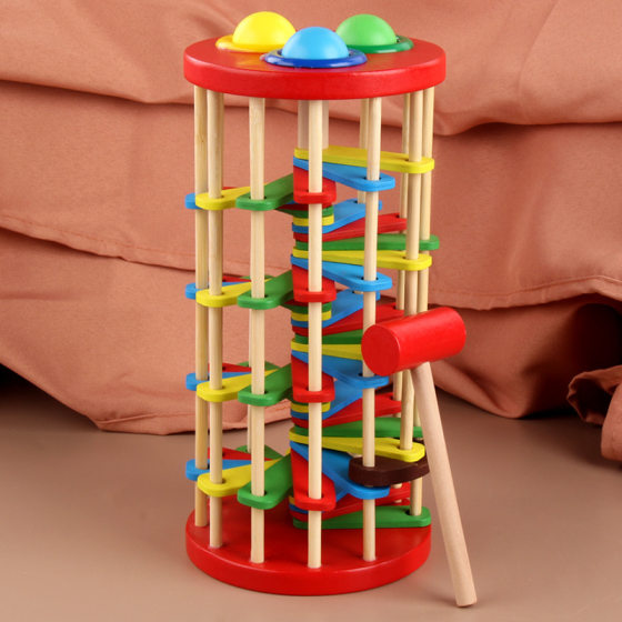 Children's Environmental Protection Wooden Color Rotating Ball Ladder Knocking Toy Hand-eye Coordination Early Education Educational Playing Table