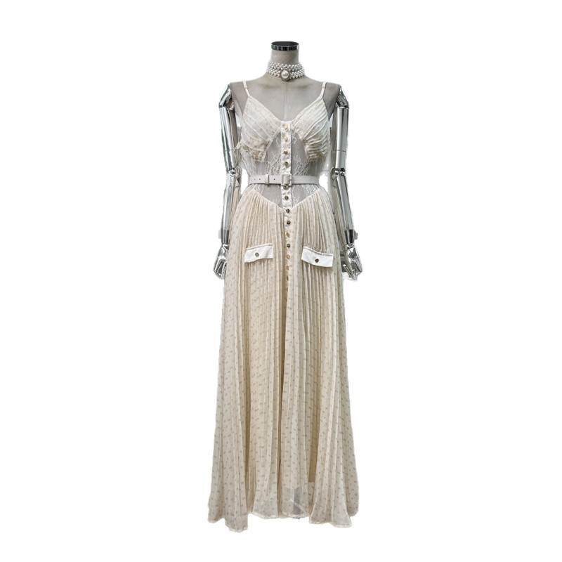 Amazon Lazy Royal Sister スリムフィット ハイエンド気質 ゴールドシルクブレスト ドットサスペンダー Vネック プリーツデザインドレス|undefined