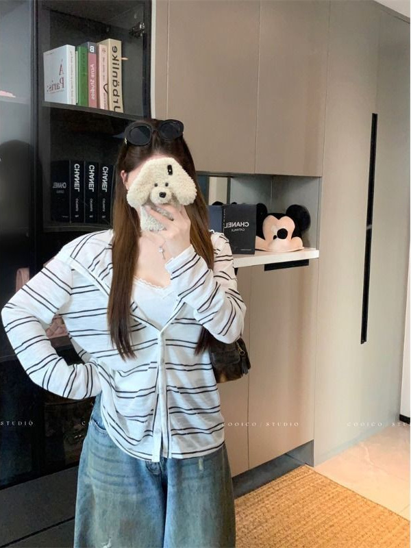 野媛慵懒风条纹连帽长袖外套女早秋防晒罩衫小众休闲宽松拉链上衣|undefined