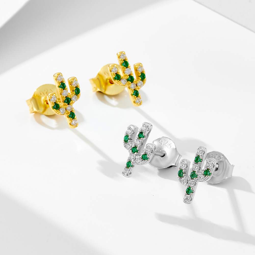 S925 cactus de plata de ley micro-incrustaciones de circón pendientes pequeñas mujeres japonesas y coreanas dulces y frescas personalidad pendientes de diamantes joyas