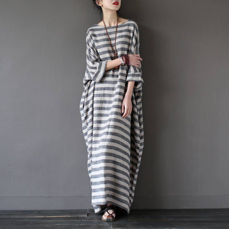 2026 Spring New Original Ethnic Style Artistic Robe Mid-Length Retro Loose Striped Cotton and Linen Dress for Women