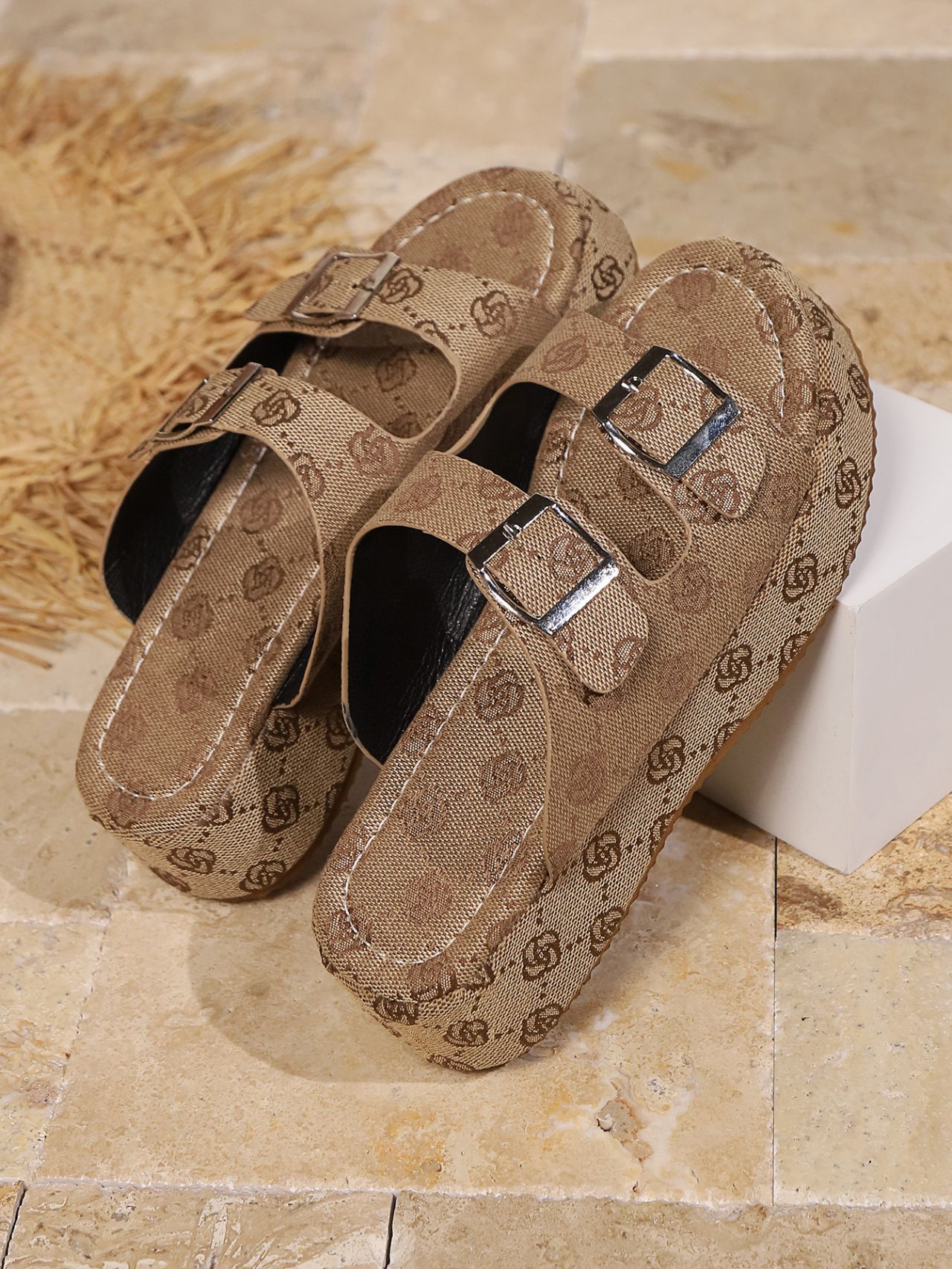 Women's Platform Slippers For Women Khaki Rose Canvas Shoes_voghion.com
