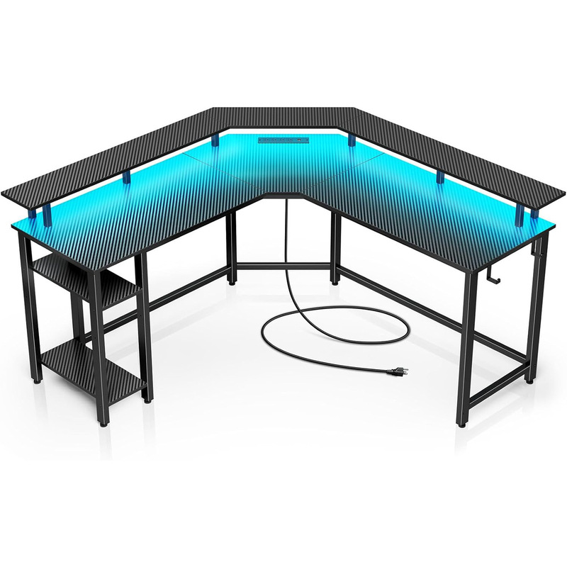 Home Office game desk with power socket and USB port small L-shaped computer desk with LED bar and earphone hook