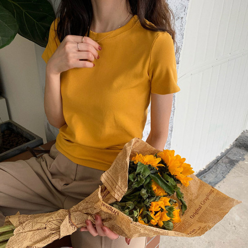 Summer short-sleeved T-shirt for women  new Korean version ins student versatile age-reducing candy color simple round neck top trendy