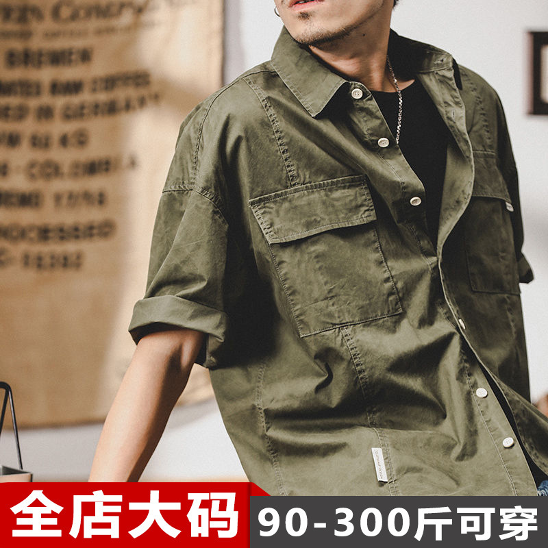 American Style Retro Pure Cotton Tooling Shirt Men's Short-sleeved Loose plus size Summer Clothes Men's Instagram Popular Brand Half-sleeved Top