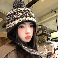 费尔岛毛球针织护耳帽女2025新款秋冬季保暖显脸小大头围毛线帽子