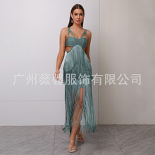 吊带性感跨境名媛流苏派对街头女装礼服宴会绷带连衣裙