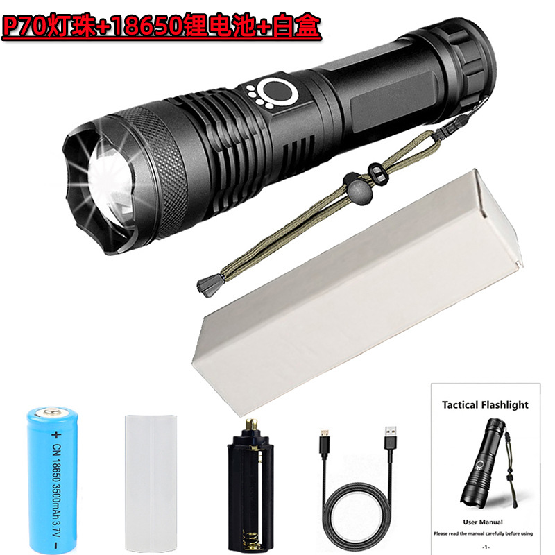 Linterna p50 Transfronteriza de Alta Potencia, Recargable, de Aleación de Aluminio, p70, Súper Brillante para Exteriores, Multifuncional con Zoom, Venta al por Mayor