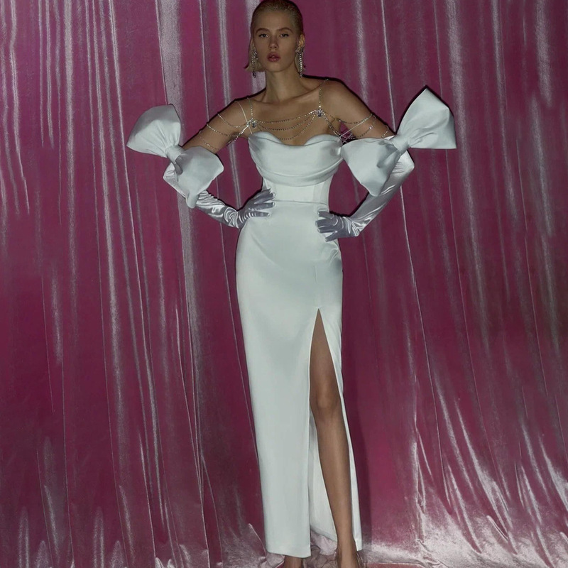 New European and American white dress with gloves wedding French dress ladies elegant dress wholesale foreign trade