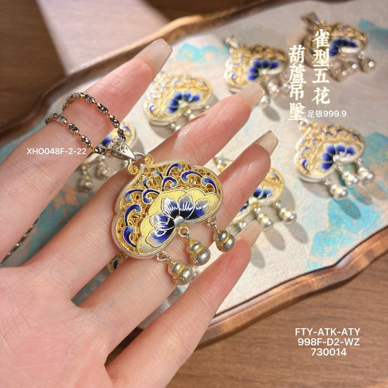 足银9999描金珐琅雀型五花葫芦吊坠女新中式轻奢纯银百搭锁骨挂坠|undefined
