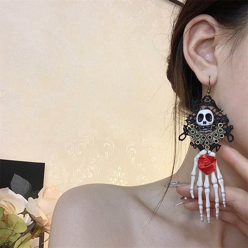 Vintage Schwarze Spitze Skelett Grab Halskette Dunkle Hals Accessoires Übertrieben Halloween Goth Ohrringe_voghion.com