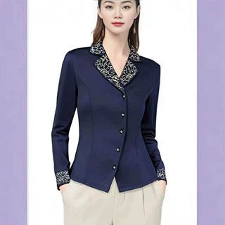 深蓝刺绣西装领衬衫显瘦通勤新上市女装高档衬衫修身时尚高级洋气