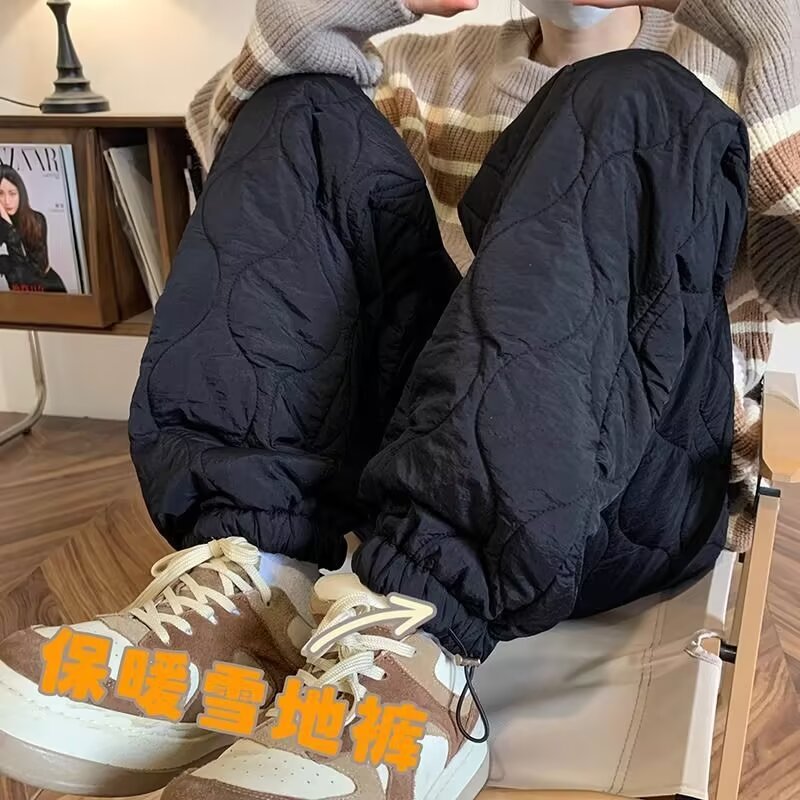 哈尔滨防寒裤子东北过冬棉裤外穿奶白色棉裤男女款美式复古束脚裤