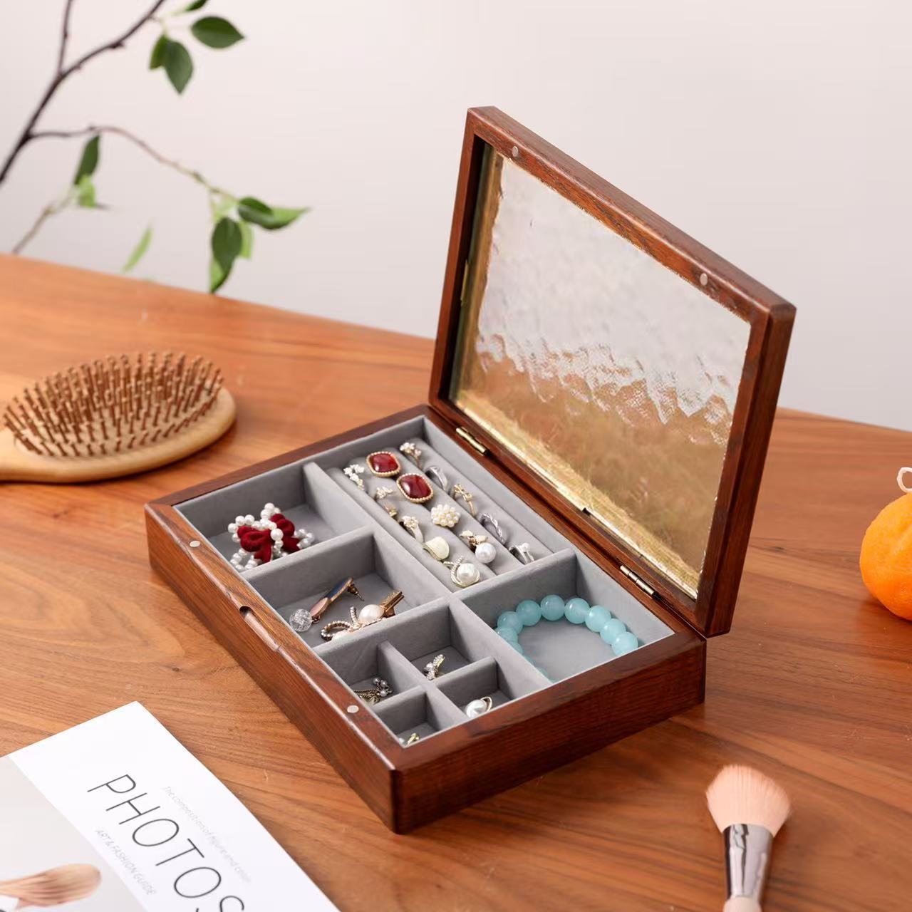 Simple style wooden jewelry box storage box high-end exquisite new jewelry box black walnut wooden earrings necklace box