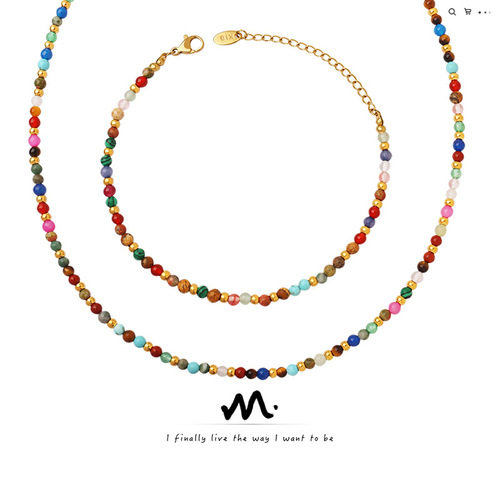 Colorful Natural Stone Titanium Steel Bead Personalized Accessory Bohemian Ethnic Style Necklace Fashion Bracelet Jewelry Set