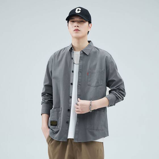Spring and Autumn cotton loose workwear shirt American high-grade multi-bag casual shirt outdoor fashion style