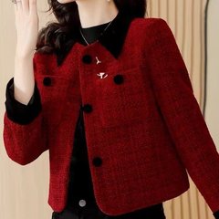 赤い小香風ラシャの短いコートの女性春秋2025年の新型の高級感の気質の修身の粗い花の上着
