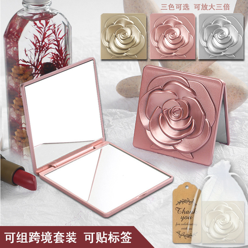 Rose Flower Folding Makeup Mirror with 3X Magnification, Square Handheld Small Mirror, Simple Modern Portable Flip Mirror