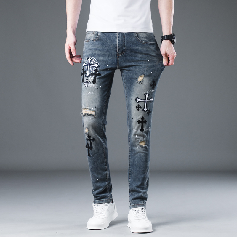 Personalized embroidered jeans, men's trend with torn patches, fashionable and versatile elastic slim pants, summer 2024_voghion.com
