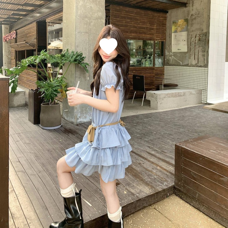 Berry 喜你而欢大庞风格 雾蓝色泡泡袖荷叶连衣裙女复古a字蛋糕裙|undefined