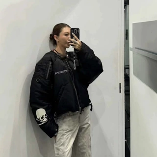 即墨 Grailz 秋冬新款韩版骷髅字母印花无领设计夹克棉服外套男女