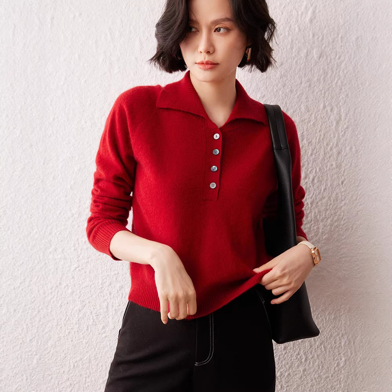 New Autumn and Winter Cashmere Sweater for Women with Raglan Sleeves, Polo Collar, Short Style, Simple and Elegant, Versatile and Warm Knitwear New Autumn and Winter Cashmere Sweater for Women with Raglan Sleeves, Polo Collar, Short Style, Simple and Elegant, Versatile and Warm Knitwear